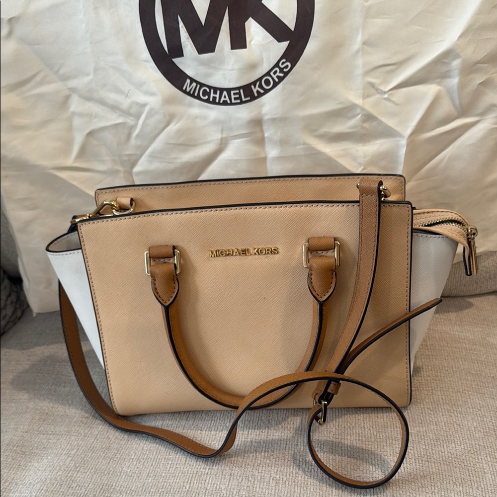 Michael Kors Tan and White Satchel with Gold Hardware